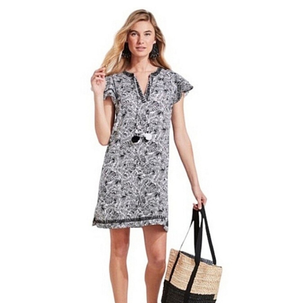 Vineyard Vines Linear Palms Tunic Dress Size Medium Blue Floral Linen Preppy NEW